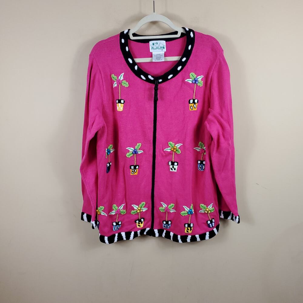 Quacker Factory Pink Full Zip Cardigan Flower Pot Embroidery Beaded Size L